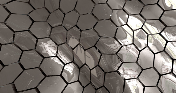 Abstract metallic silver chrome shiny cells hexagons with waves background.