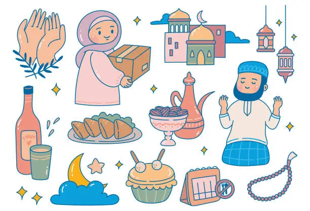 Vector illustration of Hand Drawn Ramadan Cartoon Doodle, Islamic Celebration, Iftar Party, Eid Al Fitr Design Element