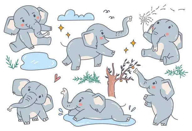 Vector illustration of set of cute elephant cartoon character