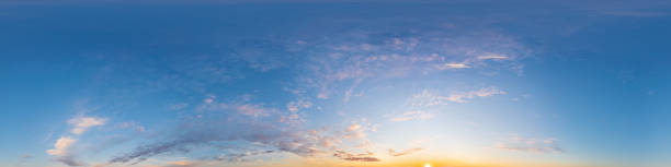 istock Dark blue sunset sky panorama with pink Cirrus clouds. Seamless hdr 360 panorama in spherical equirectangular format. Full zenith for 3D visualization, sky replacement for aerial drone panoramas. 2044672326