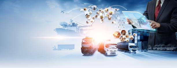 istock Smart technology logistics concept,  Businessman touching virtual screen world map of Global logistics network distribution, Air cargo trucking, Rail transportation and maritime shipping, Online goods orders worldwide 2044687430