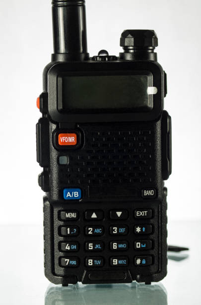 istock One handheld radio with antenna on white background 2044694678