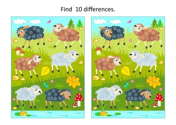 Vector illustration of Difference game with sheep grazing at the pasture