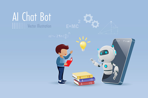 AI chat bot on smartphone assist kid student doing homework assignment. Artificial intelligence robot generates information and summarize smart solution. Education Technology. Vector.