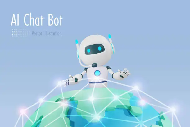 Vector illustration of AI chat robot on digital world network connecting. AI robotics and chatbot technology influence in people lifestyle and worldwide trends. 3D vector.