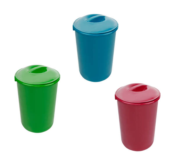 istock Green, blue and red trash cans isolated on white background 2044735447