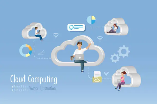 Vector illustration of Cloud computing wireless technology. Group of people working and sharing digital folder and files data between computer and smartphone via cloud computing network. Vector.