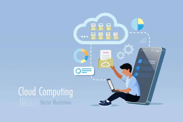 Vector illustration of Cloud computing wireless data service. Man working on digital folder and files sharing between computer and smartphone via cloud computing. Vector.