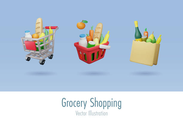ilustrações de stock, clip art, desenhos animados e ícones de online grocery shopping set. shopping basket, bag and trolley cart full of grocery products. elements for advertising and business marketing. 3d vector. - saco objeto manufaturado