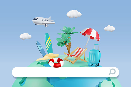 Travel vacation at summer tropical beach with online search bar. Airplane flying over palm trees island with surfboard, beach chair and luggage. 3D vector Illustration.
