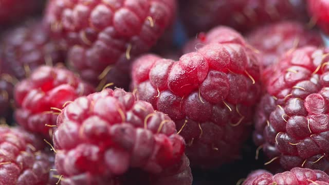 Macro Shot Of Ripe Raspberries Rotating In A Glass Bowl