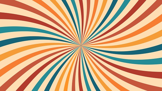 Vintage circus or carnival sunburst rays background. Vector backdrop with colorful muted curve radiating stripes creating hypnotic effect. Retro sunbeam burst, evoking sense of whimsy and nostalgia