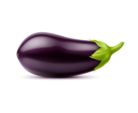 Realistic raw isolated eggplant, whole vegetable. 3d vector firm and glossy plant with deep purple hue and smooth skin, encases a spongy interior and mild taste, awaits to be cooked into tasty dishes