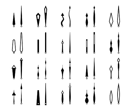 Clock hands, isolated watch arrows and time pointers. Monochrome vector icons set of black watch arrows. Hour and minute hand pairs, essential components of analog clocks in various shapes and sizes