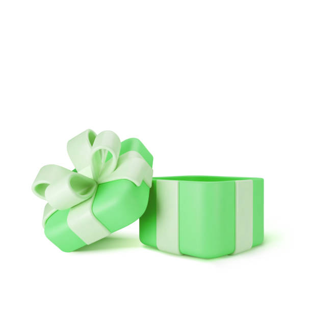 istock 3d green open gift box standing on the floor with pastel ribbon bow isolated on a light background. 3d render modern holiday surprise box. Realistic vector icon 2044762116