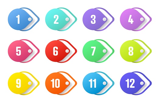 Number bullet points. Color tags, icons and buttons. Isolated 3d vector set of colorful Info markers in shape of drop with realistic shadows, digits from one to twelve. Design elements for infographic