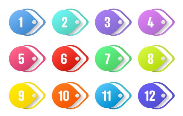 Number bullet points, color tags, icons or buttons Number bullet points. Color tags, icons and buttons. Isolated 3d vector set of colorful Info markers in shape of drop with realistic shadows, digits from one to twelve. Design elements for infographic one two three four five six seven eight and nine stock illustrations