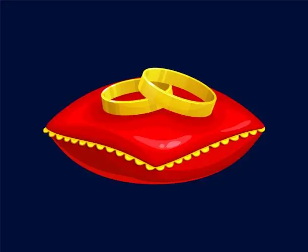 Vector illustration of cartoon wedding golden rings on red pillow