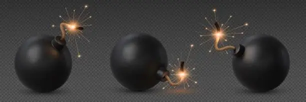 Vector illustration of Realistic bomb with burning fuse, isolated vector