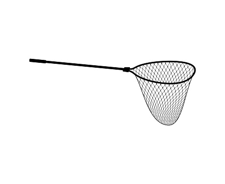 Fish net, isolated fishnet or fish scoop, vector fisherman, fishery or fishing sport trap. Sea or ocean seafood catcher, fishing rope mesh grid on round hoop frame with handle. Hand, scoop or dip net