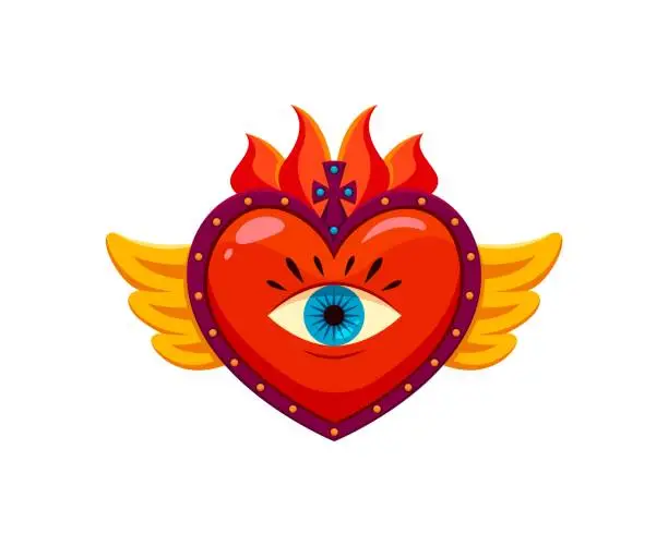 Vector illustration of Mexican sacred heart with eye and wings retro icon