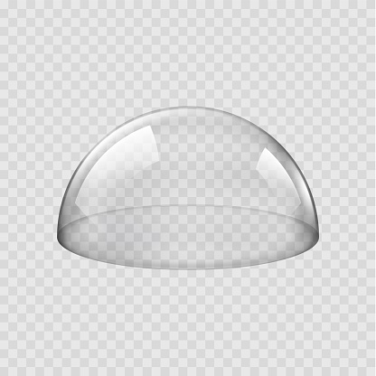 Glass dome, round transparent sphere, isolated glossy semisphere. Realistic 3d vector transparent, protective cover used to encase objects or create display, preserving them while allowing visibility