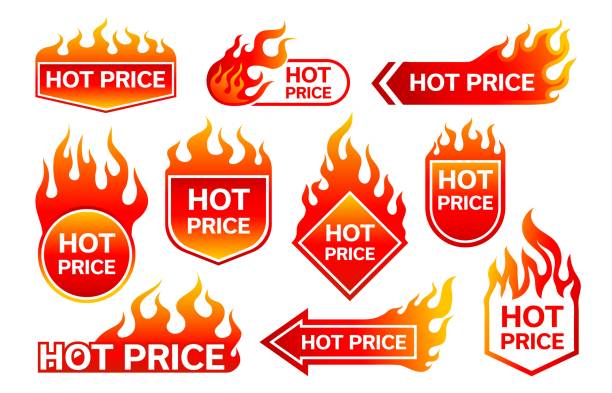 illustrazioni stock, clip art, cartoni animati e icone di tendenza di etichette di promozione di prezzo caldo con fiamme di fuoco, vendita - late afternoon flash
