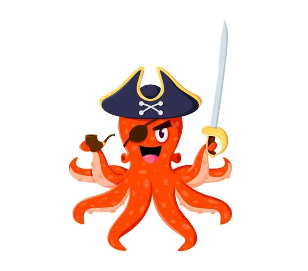 Vector illustration of Cartoon octopus pirate corsair animal with sabers