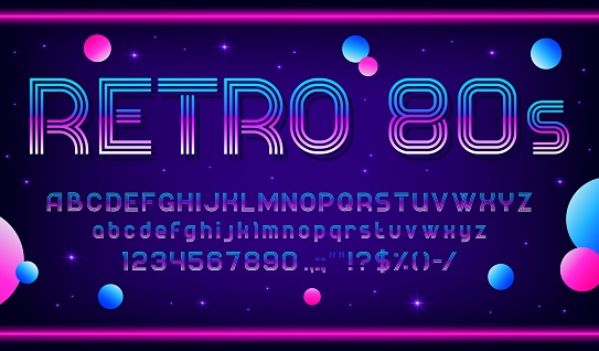 Disco music font, retro dj type, 80s typeface, English alphabet. Vintage vector neon glowing fluorescent abc letters, digits and signs with purple gradient and three stripes with sparks in 1980s style