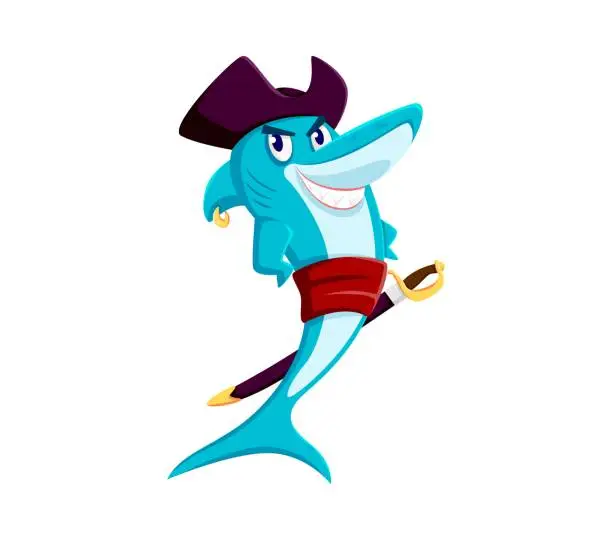 Vector illustration of Cartoon sea shark pirate corsair animal character