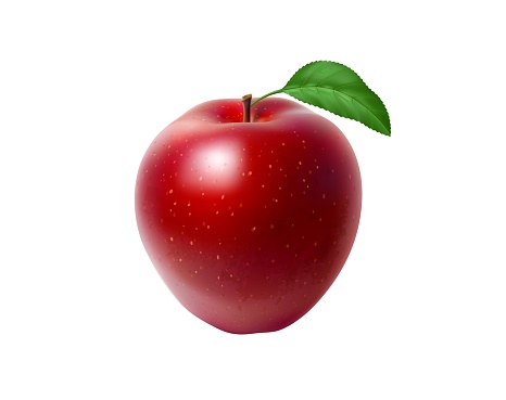 Realistic ripe red apple fruit with green leaf. Isolated 3d vector crisp and juicy ripe garden plant with a vibrant crimson hue, sweet tangy flavor and a satisfying crunch, wholesome healthy delight