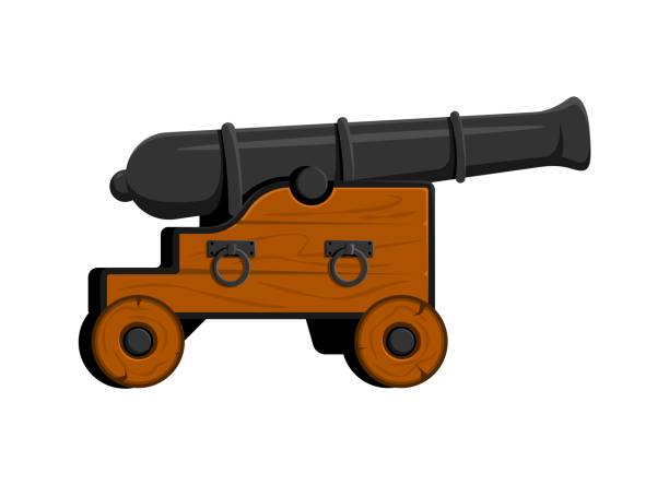 Cartoon cannon, isolated vintage pirate weapon Cartoon cannon, isolated vector vintage pirate weapon of war, poised for battle. Retro, antique military artillery piece, reminiscent of medieval and corsair warfare, ready to fire its iron cannonball old ship cartoon stock illustrations