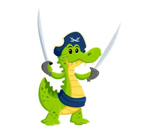 Vector illustration of Cartoon crocodile pirate character, croc corsair