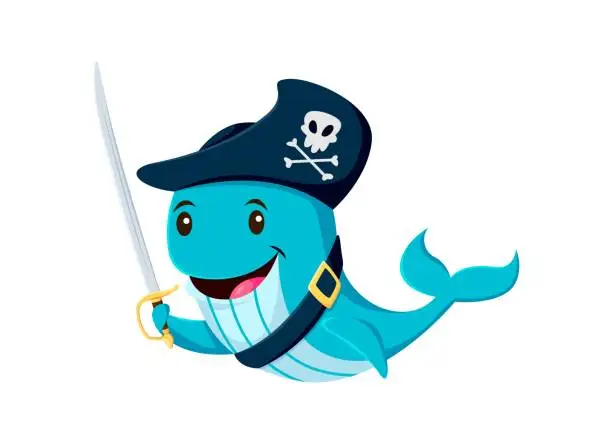 Vector illustration of Cartoon whale pirate and corsair animal character