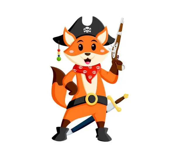 Vector illustration of Cartoon fox pirate animal character in tricorn hat