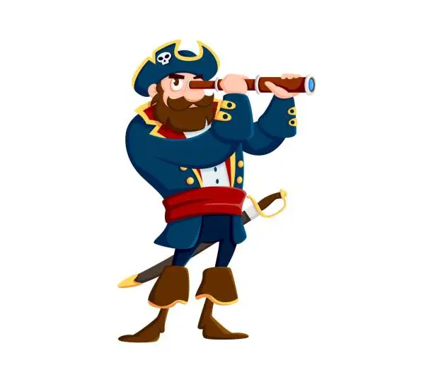 Vector illustration of Cartoon sea pirate captain peers through spyglass