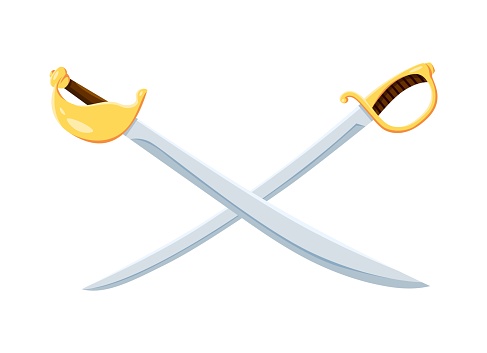 Cartoon crossed pirate sabres. Two corsair sabers with cross blades. Isolated vector gleaming swords, symbol of swashbuckling fights, war, danger, adventures and daring voyages on the high seas