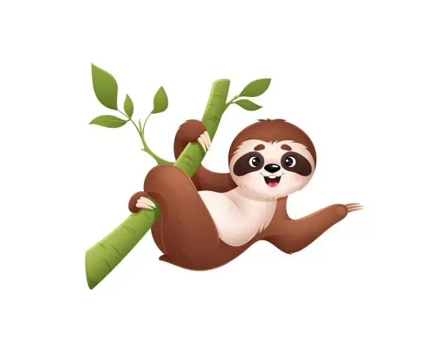 Vector illustration of Cartoon cute sloth character hang from tree branch