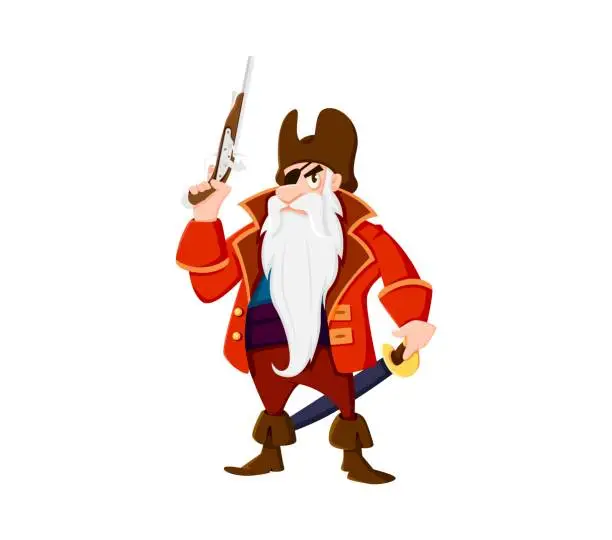 Vector illustration of Cartoon sea pirate and corsair captain with gun