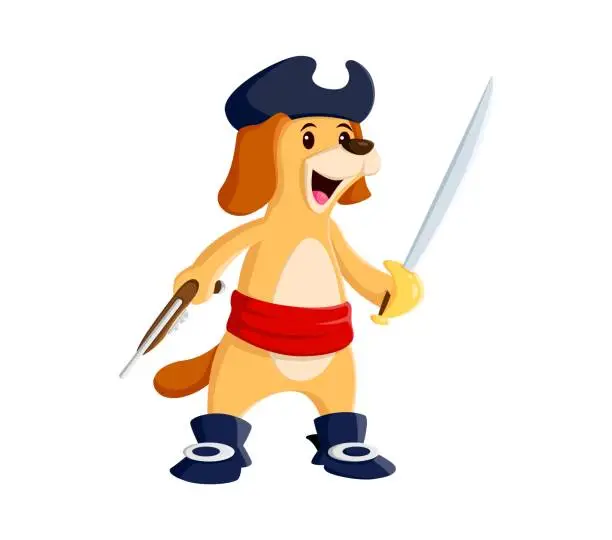 Vector illustration of Cartoon dog pirate animal, puppy corsair character