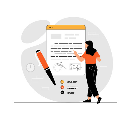 Online agreement, digital signature, smart contract online. Woman read and sign the terms of the contract on web page. Illustration with people scene in flat design for website and mobile development.