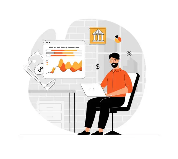 Vector illustration of Virtual finance. Online banking and accounting analyzing. Online paying, financial transactions, accounting research. Illustration with people scene in flat design for website and mobile development.