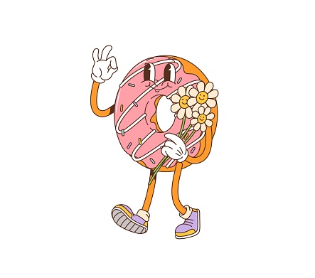 Cartoon donut retro groovy character joyfully holds a flower bouquet. Isolated vector doughnut pastry with pink glaze, colorful sprinkles and vintage flair, embodying a nostalgic 70s inspired vibe