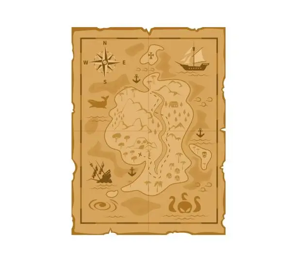Vector illustration of Cartoon pirate treasures map, vintage parchment