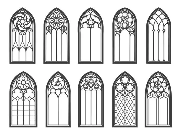 Vector illustration of Medieval gothic church glass windows, castle arche