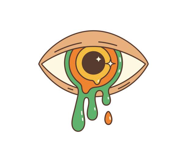 Cartoon retro groovy hippie eye with melt retina Cartoon retro groovy hippie eye with melting colorful psychedelic retina. Vector trippy, rave weed, lsd, cannabis, marijuana, acid groove and drug element with flowing or liquid pupil and open eyelid lsd trip stock illustrations
