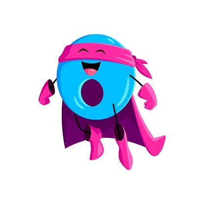 Cartoon math number null zero superhero character. Isolated vector school numeral 0 vigilante personage featuring playful smiling face and bright blue color, perfect for children educational games
