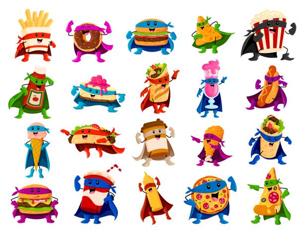 cartoon fast food superhero vector characters - coffee donut old fashioned snack stock illustrations