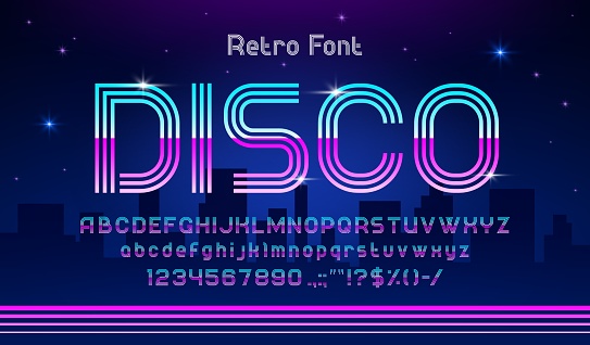 Disco DJ music font, purple neon line typeface or retro musical party light type, vector English alphabet. Disco font typography of 80s, blue and purple neon fluorescent ABC letters for night club