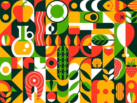 Abstract keto diet modern geometric pattern. Vector colorful tile with fatty and healthy natural products like oil, nuts, fish and eggs, meat, avocado and vegetable. Cheese, radish, bell pepper, olive